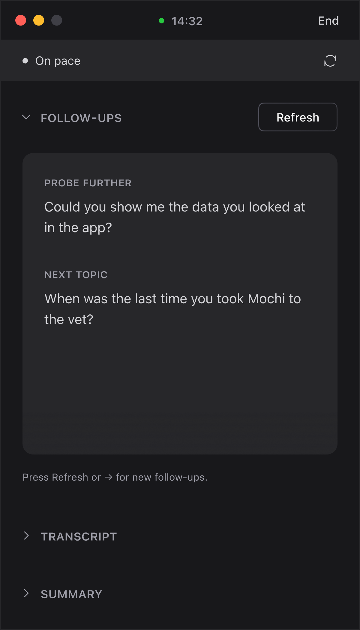 Reslie showing a live follow-up question suggestion during a session